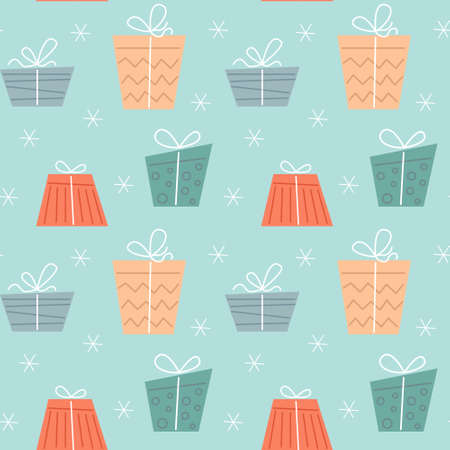 Gift box seamless pattern in scandinavian style. Festive New Year and Christmas design of cards, packaging, textiles. Vector stock illustration.のイラスト素材