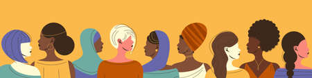 A group of women of different nationalities. Diversity concept. Vector stock illustration in flat style.のイラスト素材