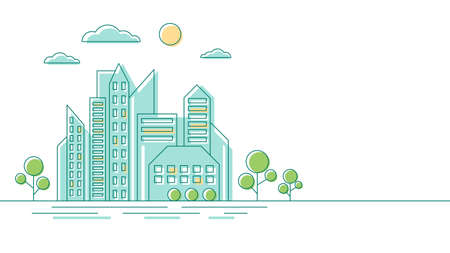 City landscape, multi-storey buildings and trees in a linear style. Banner with copy space. Vector stock illustration.のイラスト素材