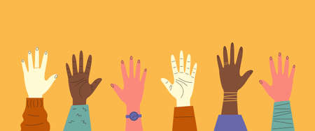 Hands of people of different nationalities raised up. Diversity concept. Vector stock illustration...