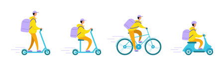 Delivery man on scooter delivering food. Courier in uniform delivering food. Vector illustrationのイラスト素材