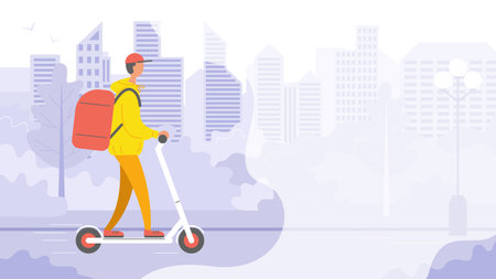 A courier deliveryman on an electric scooter rides around the city. Banner with copy space. Vector stock illustration.のイラスト素材