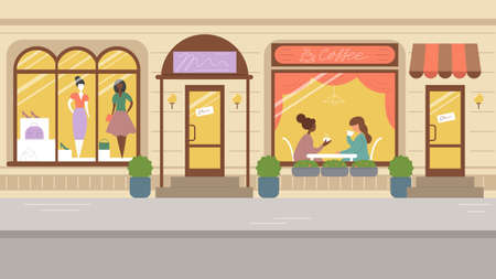 City street, building facade with shop windows and cafes. Stock vector illustration in flat style.のイラスト素材
