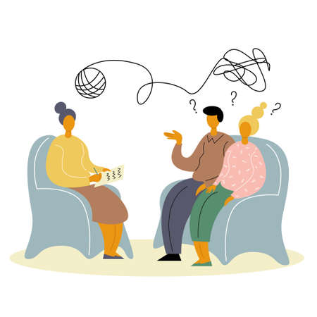 A man and a woman at a psychologist's appointment. Relationship crisis, conflicts and problems. Vector stock illustration.のイラスト素材