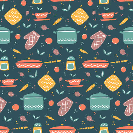 Kitchen utensils hand drawing seamless pattern. Utensils for cooking, vegetables, oven mitts. Vector stock illustration.のイラスト素材