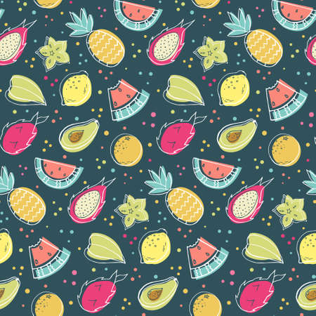 Tropical fruits hand drawing seamless pattern. Vector stock illustration. Watermelon and pineapple, dragon fruit and carambola, avacado, lemon and orange. Vector stock illustration.のイラスト素材