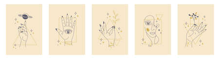 Witchcraft posters set. Mystical magical elements, female hands. Vector stock illustration in a linear style.のイラスト素材