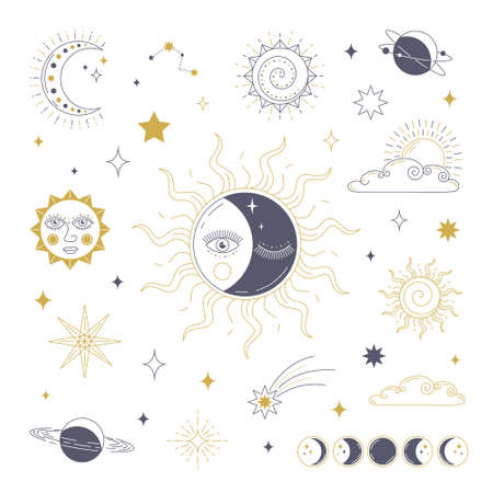 Set of cosmic magic linear elements isolated on white background. Sun, moon, stars and planets. Vector stock illustration.のイラスト素材