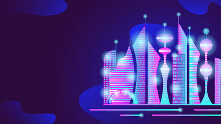 Futuristic abstract neon city with high-rise buildings. Banner with copy space. Vector stock illustration.のイラスト素材