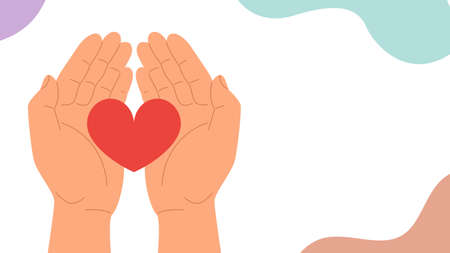 Human hands holding heart top view.Concept of hope and love,charity, volunteering.Banner with copy space.Vector stock illustration in flat style.のイラスト素材