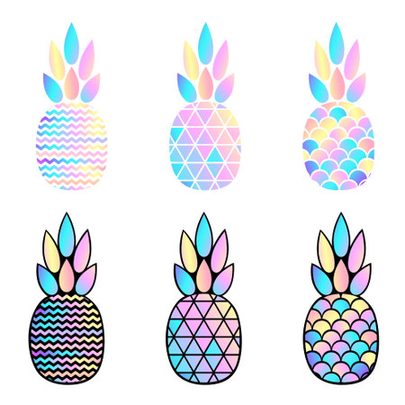 Abstract holographic icon pineapple set isolated on white background. Vector stock illustration.のイラスト素材