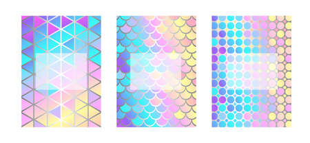 Set of abstract holographic geometric cover templates with copy space.Triangles, circles and scales.Vector stock illustration.のイラスト素材