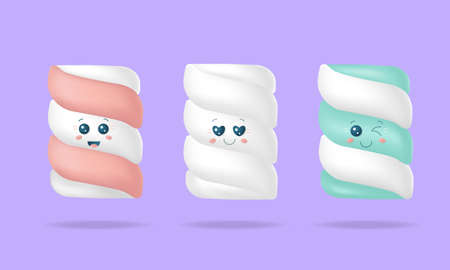 Set of 3d cute soft marshmallows with facial emotions. Vector stock illustration.のイラスト素材