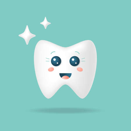 Cartoon cute 3d tooth with face emotions.Kawaii.Kids dentistry.Stock vector illustration.のイラスト素材