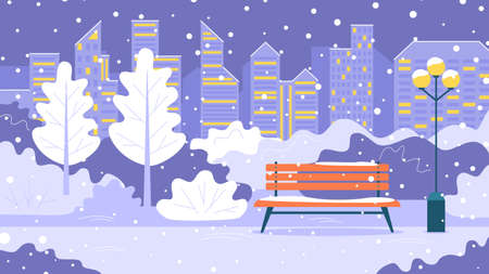 Winter landscape city park in the evening, snow is falling. Bench and street lamp. Vector stock illustration.のイラスト素材
