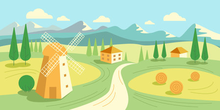 Landscape village in the mountains, country side. windmill haystack. Vector stock illustration.のイラスト素材
