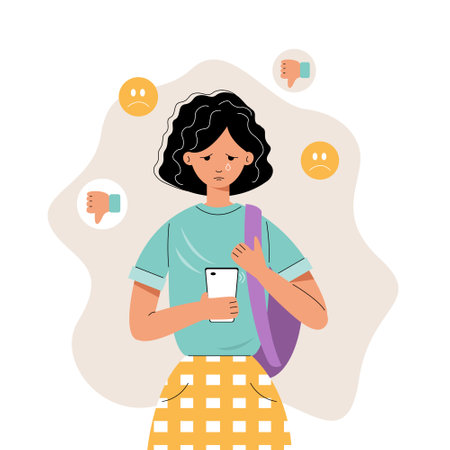Cyberbullying concept. Sad schoolgirl or female student with smartphone. Vector stock illustration.のイラスト素材