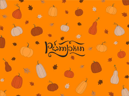 Pattern of pumpkin and leaves with the inscriptionのイラスト素材