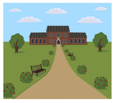 School building park alley benchesのイラスト素材