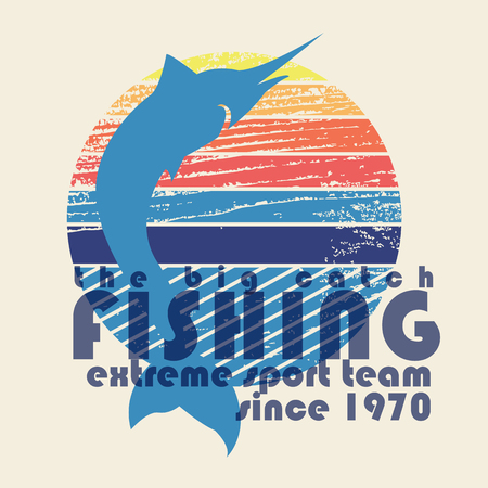 illustration of colorful flat design style signature \"the big catch fishing extreme sport team since 1970\" with swordfish silhouette on textured background as a template for your design, article or printのイラスト素材
