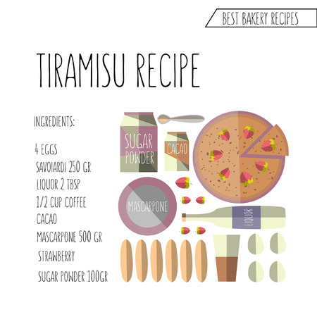 colorful illustration of flat design style tiramisu recipe with ingredients on textured background as a template for your design, article or printのイラスト素材