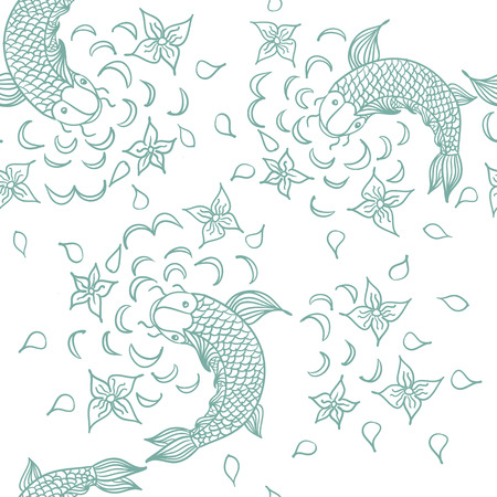 Vector seamless pattern with hand drawn fishes, flowers and water waves. Doodle fountain background. Sketched tropical sea life design.のイラスト素材