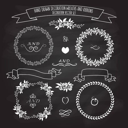 illustration of flat design style floral frames, ribbons and wreaths set with signature on blackboard backgroundのイラスト素材