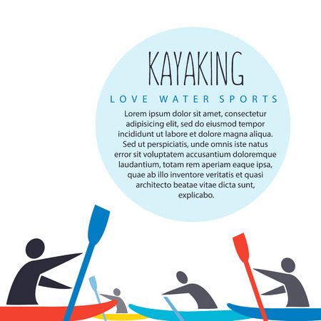 flat design style illustration with signature \" love kayak\", text and men with kayaks in flat design style on white backgroundのイラスト素材