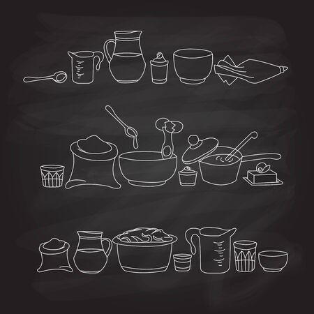 illustration of kitchen utensils on the blackboardのイラスト素材