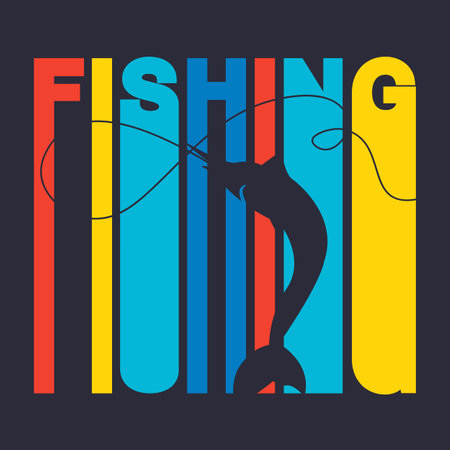 illustration of colorful flat design style signature \"fishing\" with swordfish silhouette as a templateのイラスト素材