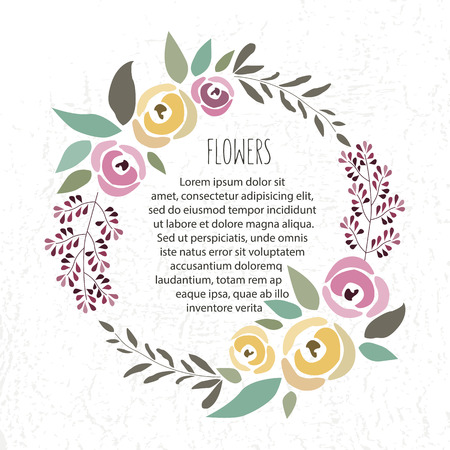 illustration of floral wreath template in flat design style with roses, signature and text on textured backgroundのイラスト素材