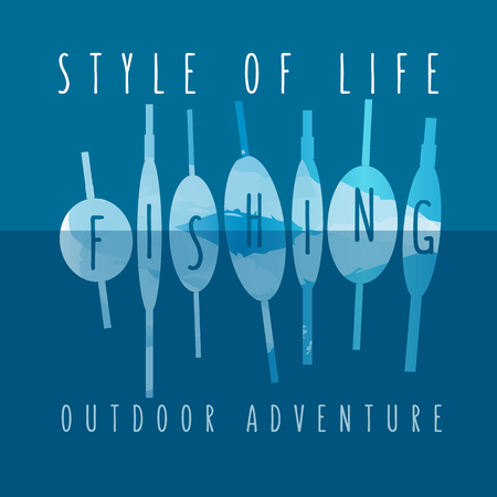 vector illustration of colorful flat design style signature "style of life fishing outdoor adventure" as a template for your design, article or printのイラスト素材
