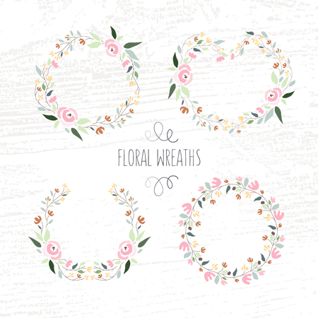 illustration of hand drawn pastel flower and floral frames, wreaths and laurel in flat design styleのイラスト素材