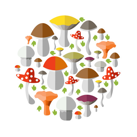 illustration of colorful flat design style forest mushrooms in form of circleのイラスト素材