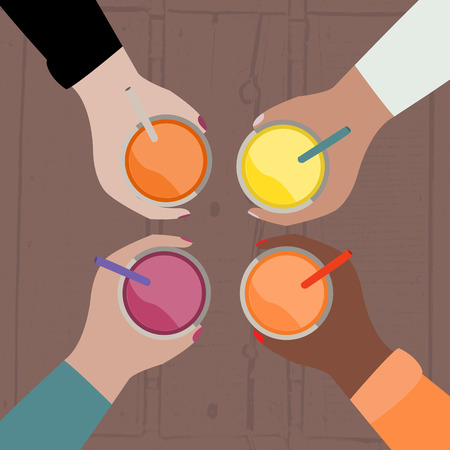colorful illustration of fruit cocktails in hands with view from the topのイラスト素材