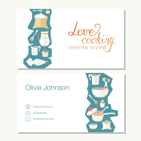 business template with cute hand drawn kitchen utensils illustrationsのイラスト素材