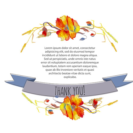 Hand painted watercolor illustration of poppies, grass and leaves bundle with ribbon, text and signatureのイラスト素材
