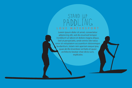 illustration of two men with stand up paddle boards and paddles on the colorful blue background with signature and textのイラスト素材