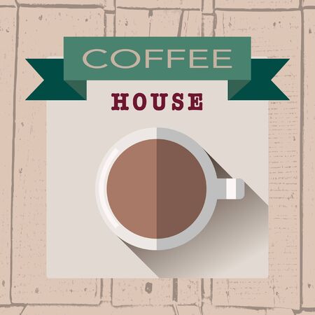 illustration of coffee house in flat design style on textured wood backgroundのイラスト素材