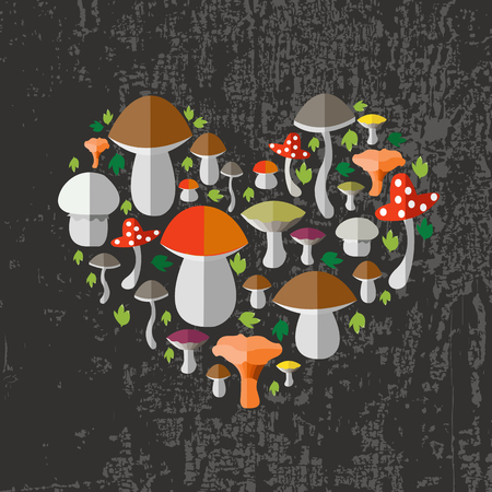 illustration of colorful flat design style forest mushrooms in form of heart on textured wood backgroundのイラスト素材