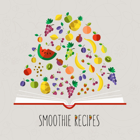 colorful illustration of smoothie recipe cookbook in flat design style with apple, banana, cherry, grape, huckleberry, kiwi, lemon, lime, orange, peach, pear, pineapple, plum, raspberry, strawberry, watermelon,hazelnutのイラスト素材