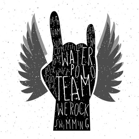 illustration of flat design style textured hand with signature \"water polo team we rock \" on textured backgroundのイラスト素材