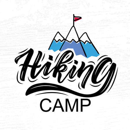 Hand sketched Camping set lettering typography. Concept for hiking camp, camping, night fishing camp, summer camp. Camping logotype, badge, icon. Camping logo, banner, flyerのイラスト素材