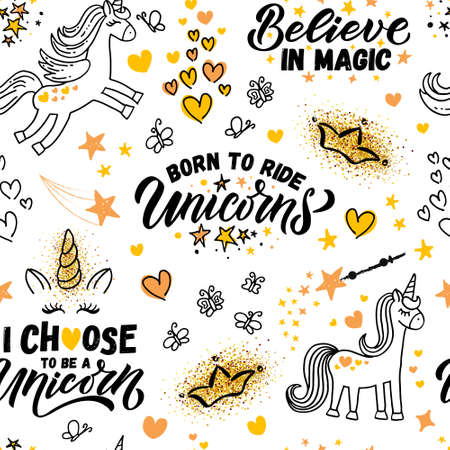 Hand sketched unicorn vector illustration with lettering typography quotes. Motivational quotes concept for children t-shirt print. Unicorn logotype, badge, icon. Unicorn logo, banner, flyer.のイラスト素材