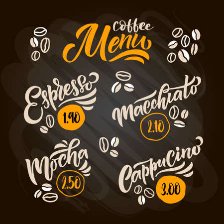 Coffee menu lettering, coffee to go cup. Modern calligraphy coffee cappuccino, espresso, mocha. Hand sketched coffee. Poster, banner, postcard, card lettering typography template for restaurant, coffee shop, cafe, bar.のイラスト素材