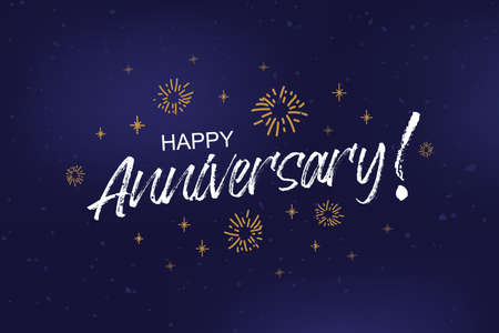 Happy Anniversary card, banner. Anniversary greeting scratched calligraphy text, words, gold stars. Hand drawn invitation T-shirt print design. Handwritten white modern brush lettering, background isolated vector. Vector illustration.のイラスト素材