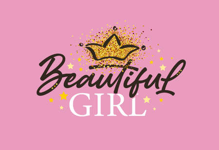 Beautiful girl text, butterflies vector illustration design for kids fashion graphics, t shirt prints, posters, stickers etc. Children Lettering banner Beautiful girl. Woman fashion calligraphyのイラスト素材