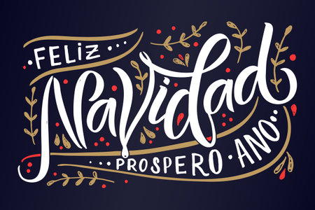 Hand sketched Merry Christmas in Spanish card, badge, icon typography. Lettering Merry Christmas in Spanish for Christmas, New Year greeting card, invitation template, banner, poster.のイラスト素材