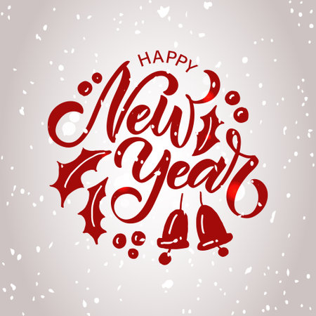 Hand sketched Happy New Year card, badge, icon typography. Lettering Happy New Year for Christmas, New Year greeting card, invitation template, banner, poster.のイラスト素材