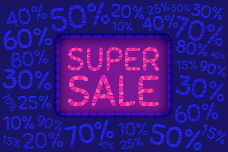 Super sale. Discount price off and sales design template. Shopping and low price symbols. 10,20,30,40,50,60,70,80,90 percent sale. Vector illustration.のイラスト素材